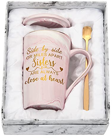 Sister Gifts Coffee Mug Set with Gift Box, Sister Birthday Gifts for Sister 14 Oz Pink Marble Mug Tea Cup-Side by Side or Miles Apart Sisters are Always Close at Heart , Ideal Friendship Gift