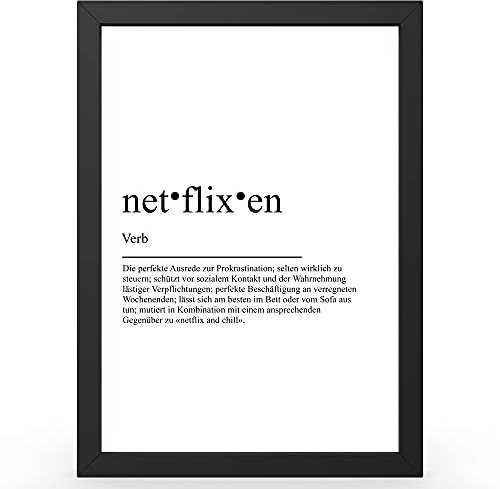 Urhome DIN A5 Kunstdruck Definition Netflixen inkl. Rahmen Schwarz - Worterklärung wie im Duden Lexikon als Wanddeko Spruch-Poster Deko Wandbild mit Spruch gerahmt für Wohnung Familie Geschenk