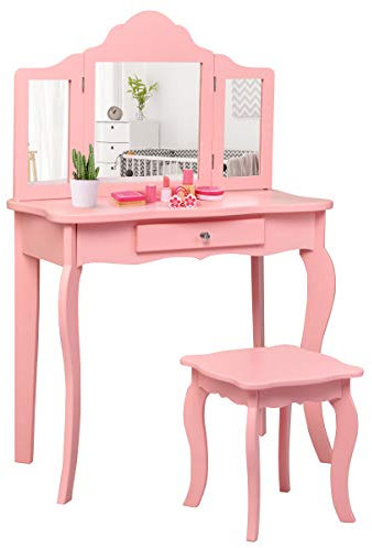 RELAX4LIFE Kinder Schminktisch Set mit Hocker & Abnehmbarer Spiegel, Prinzessin Frisierkommode mit Schublade, Frisiertisch aus Holz, Make-up Tisch für Mädchen 3-7 Jahre, 70 x 34 x 104 cm (Rosa)