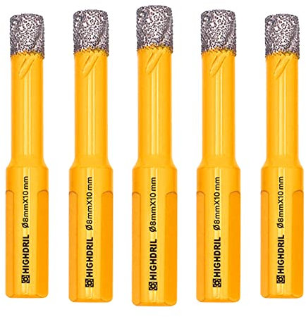 HIGHDRIL 5Pcs Diamond Core Drill Bit,Diameter 8mm Vacuum Brazed Hole Saw for Concrete Granite Marble Glass Porcelain Tile Masonry Brick,Triangle shanks