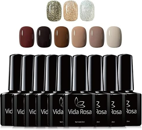 Fall Colors, Gel Nail Polish Set 9pcs Glitter Champagne Gold Silver Burgundy Nude Dark Brown Chestnut Coffee Toffee for Nail Art Soak Off UV LED Nail Varnish Kit Autumn Winter Colors Gifts for Women