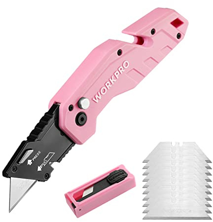WORKPRO Folding Utility Knife, Quick Change Box Cutter, Pink Razor Knife for Cartons, Cardboard, Boxes, 10 Extra Blades Included - Pink Ribbon