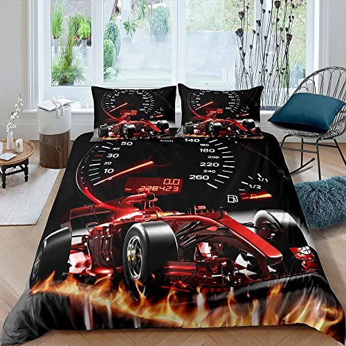Loussiesd Jungen Sportwagen Bettbezug Set Formel Rennwagen Bettwäsche Set 135x200cm Kinder Teens Mädchen Extremsport Thema Trösterbezug Cool Speed Rot Dekor Bettbezug Schlafzimmer 2 Stück