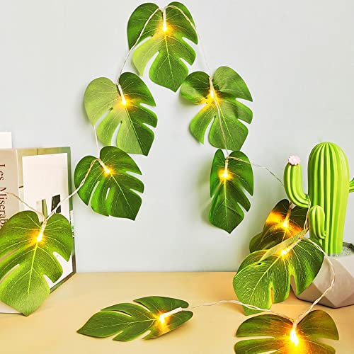 Künstlich Monstera Blätter Girlande 1.5M, Lichterkette mit Grün Blätter, Künstliches Pflanzen Hängend Efeu mit 10 LED Licht, Efeugirlande für Hochzeit Party Garten Wohnung Balkon Wanddekoration