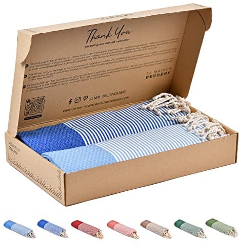 Tadussi ® Strandtuch Saunahandtuch Fouta XXL [2er Set] Ideal als Hamamtuch Saunatuch Stranddecke für Damen & Herren - Groß 100x200-100% Baumwolle in Marineblau & Hellblau