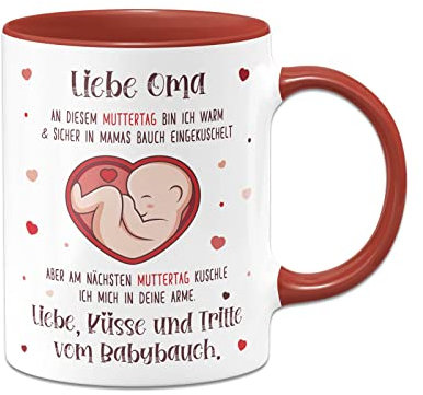 Tassenbrennerei Tasse - Liebe Oma an diesem Muttertag bin ich noch in Mamas Bauch - Geschenk für werdende Oma zur Schwangerschaft - Schwanger (Rot)