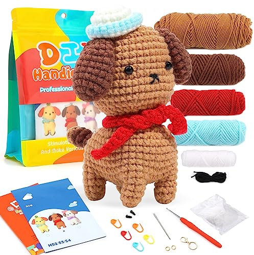 ZMAAGG Häkelset für Anfänger, Häkeltier Kit, Anfänger Häkelset, Strickset für Erwachsene mit Schritt-für-Schritt-Anleitung Video, Häkelgarn, Häkelzubehör (Brauner Hund)