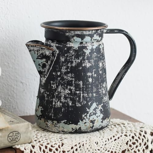 Z² BellaDecor Vintage Pitcher Vase Rustic Farmhouse Vase for Flowers Vintage Metal Milk Jug Small Decorative Pitcher Shabby Chic Decor for Home, Kitchen, Bathroom, Black