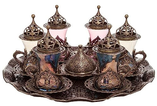 6 PC Melted Colour Glass Turkish Tea Set -6 HURREM Tea Glasses, 6 Saucers, 6 Ottoman Lids, Sugar Bowl & Tray -Artisan Turkish Coffee Glasses, Wedding Gift, Celebrations (6 HURREM Coloured Glasses)