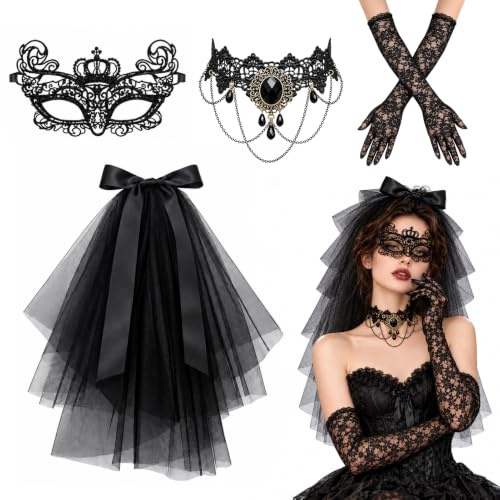 Halloween Schwarzer Schleier Set,4 Stück Halloween Accessoires Damen Mit Schleier Braut Spitzenhandschuhen Gothic Kette Spitzenmaske,Brautschleier Halloween Accessoires für Halloween Karneval Party