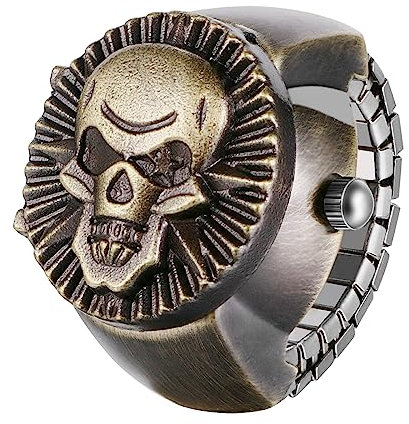 JewelryWe Ringuhr Fingeruhr Herren Totenkopf - Bronze Gotik Schädel Analog Quarz Elastisch Edelstahl Ring Uhr Männer Fingerringuhr Uhrenring für Halloween Vatertag