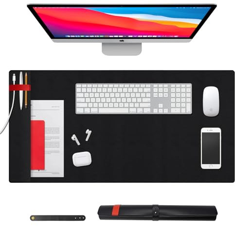 Daily Treasures 85x40cm XXL Lederschreibtischunterlage mit Organizer-Tasche & rotem Gurtband - Rutschfeste vegane PU-Mausmatte, Schreibtischschutz für Tastatur, Laptop & Bürozubehör (Schwarz)