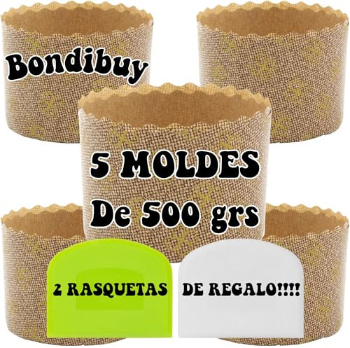 BONDIBUY Set de 5 Moldes de Panettone, Molde Panettone Desechable, Molde Papel de Panettone, Moldes Papel Panettone, Molde Kulich, Molde Pan Pascua Ruso, 2 Rasquetas de Regalo (5 MOLDES DE 500 GRS)