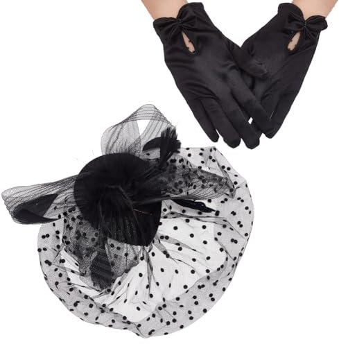 AHANDMAKER Fascinator Hut 50s Vintage Hut Für Frauen Teeparty Cocktail Teeparty Federn Schleier Netz Stirnband Federschleier Haarspange Kurze Handschuhe, Schwarz