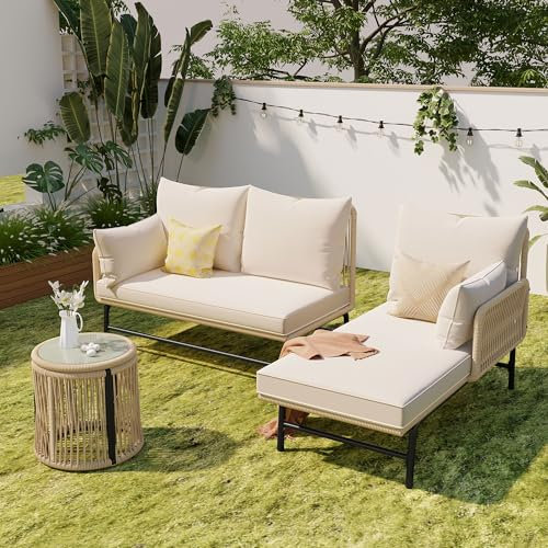 KUAKE Polyrattan Gartenmöbel Set, Outdoor Gartenlounge Set für 3-4 Personen, L-förmiges Gartensofa mit Tisch, Gartenlounge Sofa Outdoor Gartensofa Terrassenmöbel Sitzgruppe Gartengarnitur, Beige