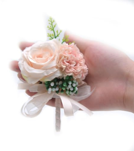 Hrlace 2 Stück Hochzeit Boutonniere Künstliche Rosen Blumen Seide Blumen Ansteckblume Braut Bräutigam Kleider Zubehör für Hochzeiten Jubiläen Bankette Tanzpartys Rosa 1#