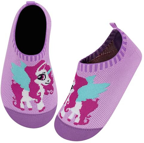 Kyopp Hausschuhe Kinder für Junge mädchen Atmungsaktive Hüttenschuhe Barfußschuhe Kinder Rutschfest Pantoffeln (Einhorn Lila 28/29EU)