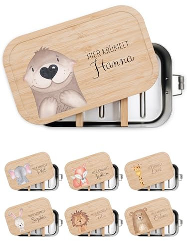 wunderwunsch® - Personalisierte Brotdose für Kinder - Robuste und Individuelle Edelstahl Brotdose mit Namen - Personalisierte Geschenke für Kinder (klein Edelstahl,Otter)