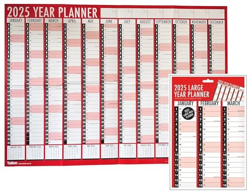 Wandkalender 2025, A1, rot und weiß, vorgekennzeichnet mit britischen Nationalfeiertagen und anderen wichtigen Terminen und bemerkenswerten Ereignissen.