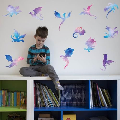 SUPERDANT Wasserfarben Drachen Silhouette Wandaufkleber Transparenter Drachen Wandtattoo Abzieh Und Aufklebewandkunst Vinyl Wandsticker Für Schlafzimmer Wohnzimmer Spielzimmer Klassenzimmer Dekor