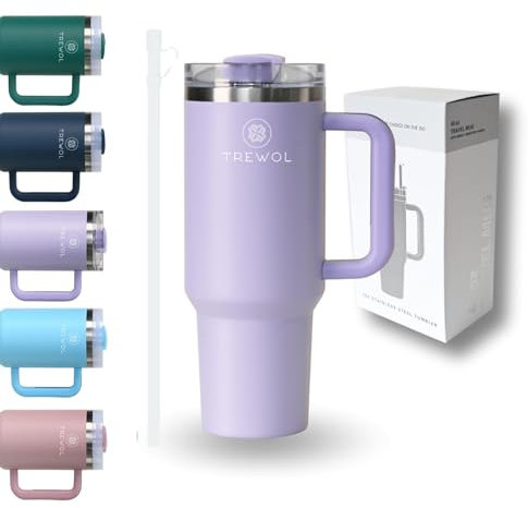 TREWOL Vaso térmico Acero Inoxidable 1200ml con Asa y Pajita – Termo Antiderrames – Mantiene Bebidas Frías 24h y Heladas 48h – Compatible con Portavasos de Coche (Lila)