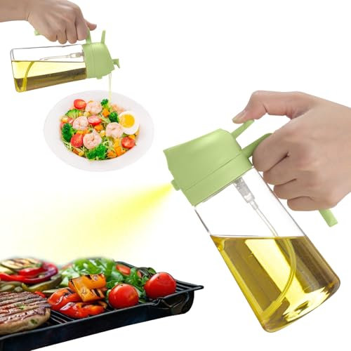 2 in 1 Ölspender und Ölsprüher, Küchenhelfer, Olivenöl Spenderflasche mit Tropffreiem Auslauf, Sprühflasche für Salate Fritteuse Braten Grillen Grün 470ML