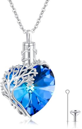 MEDWISE Baum des Lebens Urne Halskette für Asche 925 Sterling Silber Herz Kristall Urne Anhänger mit Blauer Kristall Halskette Baum des Lebens Memorial Cremation Anhänger Schmuck für Frauen
