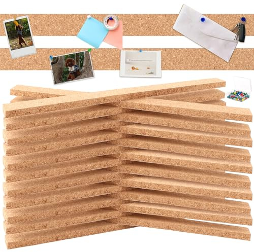 VIDETOL 24 Stück Kleine Pinnwand Bar Streifen Korkplatte, 36 x 2,5 cm Filz Pinnwand Selbstklebend mit 60 Pins,10 mm Dicke Korkplatte Selbstklebend für Foto Hängen, Heimdekoration