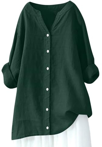 T-Shirts für Damen, Leinen, langärmelig, Musselin-Bluse, lässig, große Größen, Tops, elegante Bluse, lange Tunika, V-Ausschnitt, langärmeliges T-Shirt
