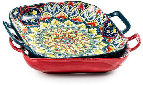 Besmeety Square Pasta Bowls with Handle, Boho Salad Serving Bowls Set of 2, Ceramic 7.09 Pasta Plates for Housewarming Present, Party (Green+Red)