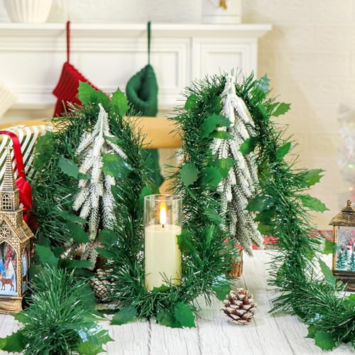 Ghirlanda natalizia con foglie di agrifoglio, 1,9 m, brillante metallizzata, per albero di Natale, soffitto, scale, decorazione per feste (verde scuro)