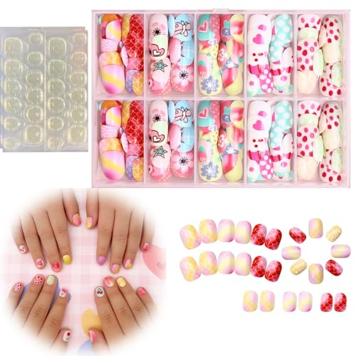 120 Pcs Colorful Press on Nails for Kids and Girls, Cute Fake False Nails with Jelly Adhesive Tabs, Safe Reusable Short Stick on with Gradient, Hearts, Polka Dots and Fun Patterns