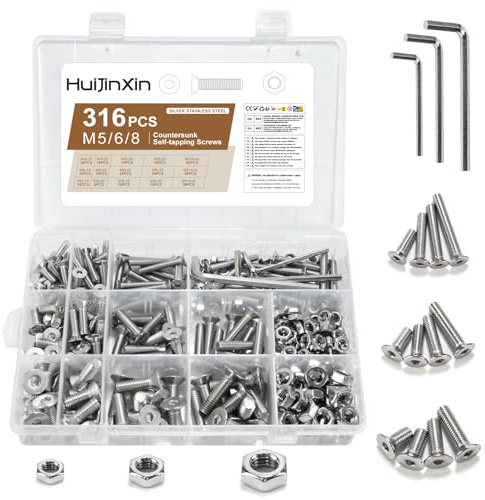 316 piezas Juego de tornillos M6 M8 M10, juego de tornillos y tuercas de acero inoxidable con cabeza avellanada, tornillos de cabeza plana métricos con cabeza hexagonal interna con tuercas, juego de