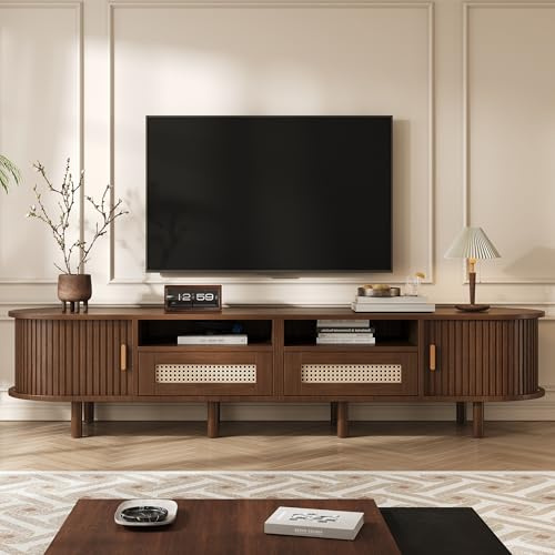 BTM 170x40x40cm Ovaler TV-Ständer und Fernsehtisch, TV-Schrank mit 2 Rattan Design Schubladen, 2 Schiebetür, Lowboard und Fernsehtisch bis zu 70 Zoll, TV-Board und TV-Kommode, Nussbaum