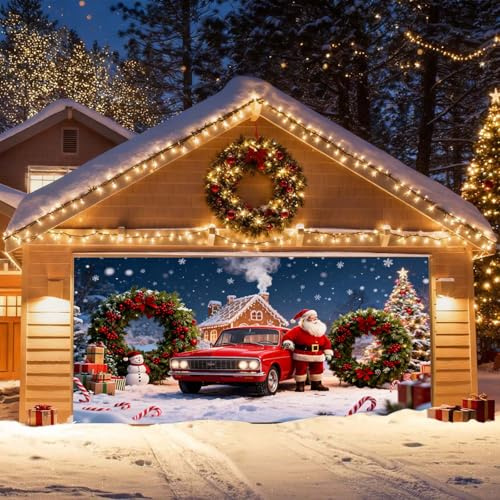 Weihnachten Garagentor Banner, Weihnachten Deko Outdoor Große Garage Dekorationen, Glücklich Banner Dekorationen für Hintergrundbanner Festlich-Themen Party Dekorationen 400X180CM (Blue3, 400x180cm)
