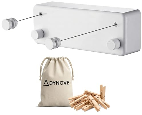 DYNOVE® Filo Stendibiancheria Retrattile da Parete con doppia corda in acciaio da 4,2 m Stendibiancheria a Scomparsa Salvaspazio per bagno e balcone - Mollette in legno e sacchetto in tessuto inclusi