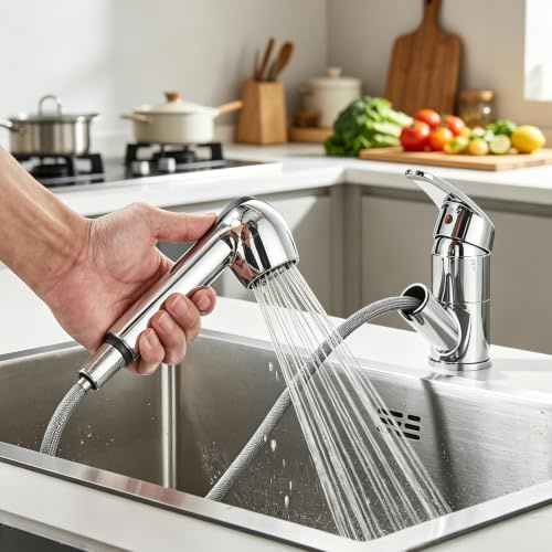 Robinet Cuisine Mitigeur de Cuisine avec Douchette Extractible Monocommande Robinet d'Évier de Cuisine Pivotant À 360° pour 1 Trou 2 Modes de Pulvérisation Acier inoxydable Chromé