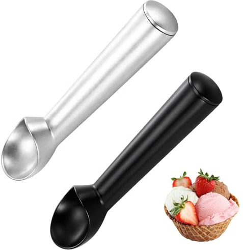 2 Ice Cream Scoops, Premium Stainless Steel Ice Cream Scoop Set, Efficient Ice Cream Spoons with Release Mechanism for Easy Serving, Black and White Colour Combination, Durable Metal Scoop Design