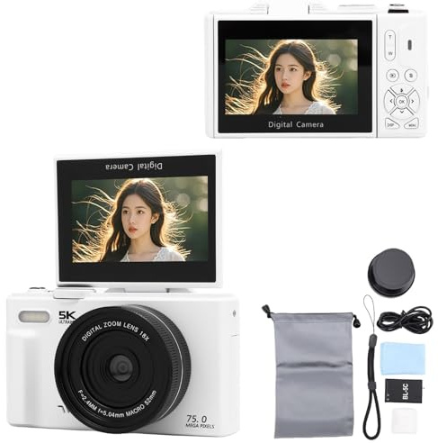 BuyWeek Appareil Photo Numérique 5K 75MP avec WiFi, Zoom 18X Autofocus Caméra Vlogging HD avec Écran Basculant à 180° de 3 Pouces, Mode Beauté, Lumière d'Appoint LED, Carte Mémoire 32 Go (Blanc)