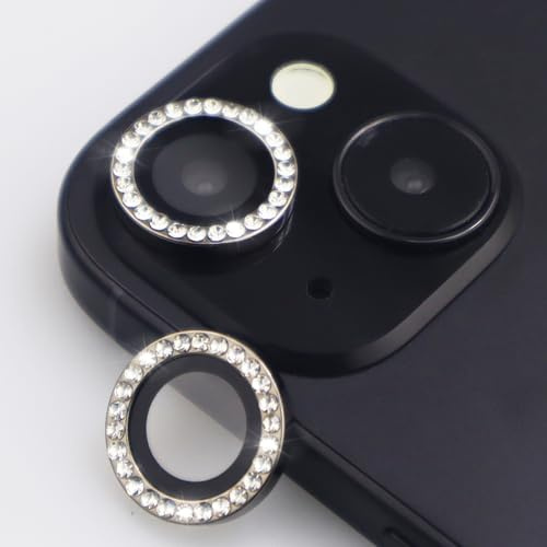BCBOPE Camera Lens Protector for iPhone 15/15 Plus/14/14 Plus Bling Diamond Metal Ring Rhinestone Tempered Glass Lens Cover Accessories (Black)