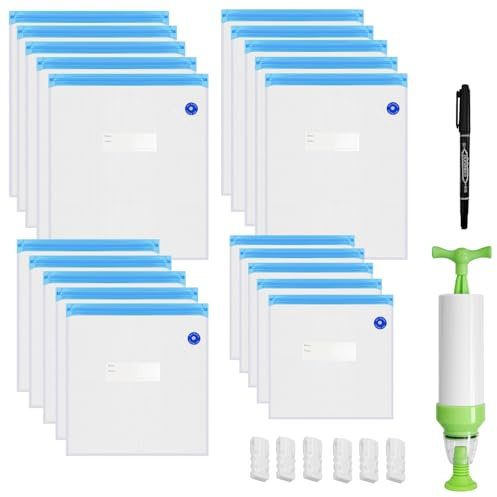 Vacuum Food Storage Bags 20 Pack, Reusable Hand Pump Sealer Kit 4 Sizes | PE PA Airtight Meal Pouches, Manual Air Extract Meat Vegetable Fruit Freezer Preserver, Zipper Seals Marker Pen Included