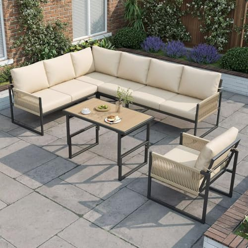 DRIXNO Beige 6-7 Seater Modular Garden Furniture Set with Height Adjustable Rising Table, Outdoor Corner Sofa & Dining Lounge in Weatherproof Polyester Rope for Patio Terrace Balcony Conservatory