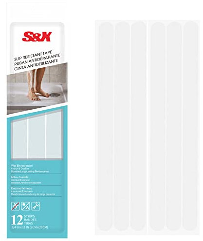 S&X Non Slip Shower Stickers, 2cm x 28cm, 12 Strips Longer Anti Slip Bath Stickers - Fine Grit High Grip Surface, Clear