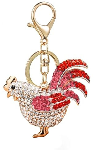 Axmerdal Schlüsselanhänger Huhn Hahn Kristall Strass Auto Handtasche Anhänger Charm Pompon Schlüsselanhänger Geschenk rot