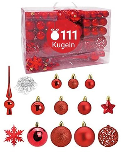 WOMA Christbaumkugeln Set Rot & 19 weiteren Farben - 111er Weihnachtskugeln Set inkl. Metallhaken - Weihnachtskugeln Kunststoff - Weihnachtsbaum Deko & Christbaumschmuck