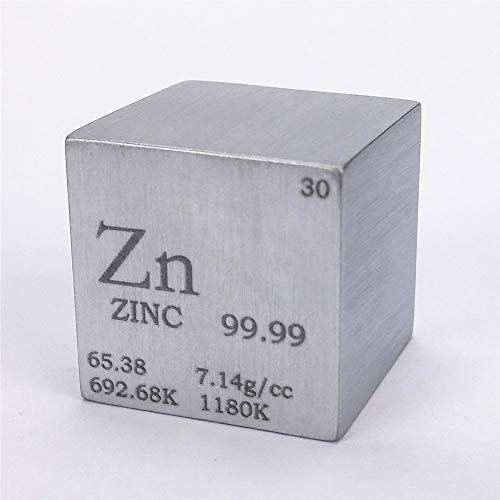 Wissenschaftlicher Würfel aus Zink (Zn) mit 25,4 mm und 117 g. Zeigt aufgezeichnete Daten zu chemischen Elementen an
