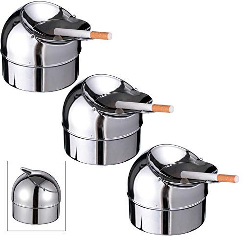 marion10020 Klapp-Aschenbecher Klappaschenbecher Ascher Klappascher Windaschenbecher, aus verchromtem Metall, silberfarben, mit praktischem Deckel, 3er-Set