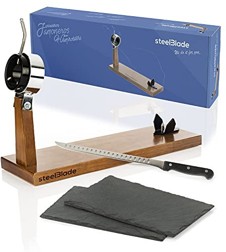 Steelblade - Jamonero Giratorio 360º en Madera Lacada + Cuchillo Jamonero 28 cm + 2 Platos de Pizarra Natural - Soporte Jamonero Fabricado en España - Jamonera 2 Posiciones para Jamones y Paletas