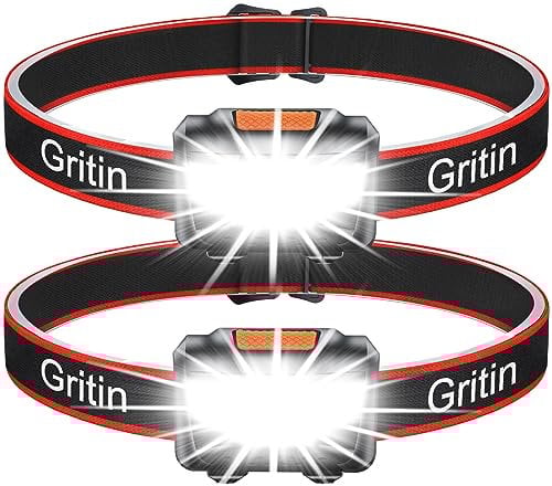 Gritin Stirnlampe LED, [2 Stück] LED Stirnlampe Kopflampe Superhell mit 3 Modi, IPX5 Wasserdichte Leichtgewichtige Mini Stirnlampe fürs Laufen, Campen, Joggen, Angeln, für Kinder