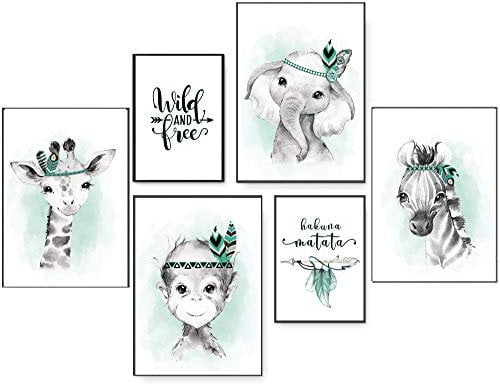 artpin® DIN A3 Poster Set Kinderzimmer Dekoration Wanddeko Safari Indianer Tiere Mint P72